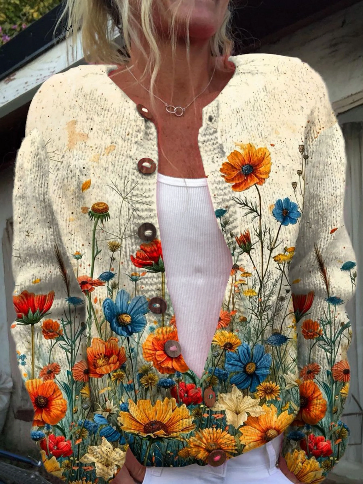 Zoe | Vintage Flower Art Print Buttoned Cardigan Sweater