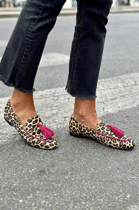 Andrea | Animal Print Loafer With Fuchsia Fringes