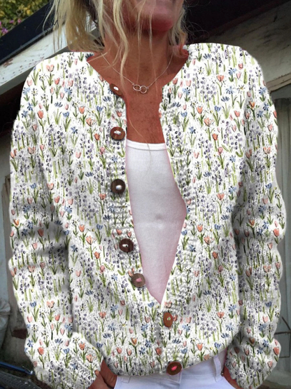Eliza | Spring Meadows Floral Repeat Pattern Printed Buttoned Cardigan Sweater