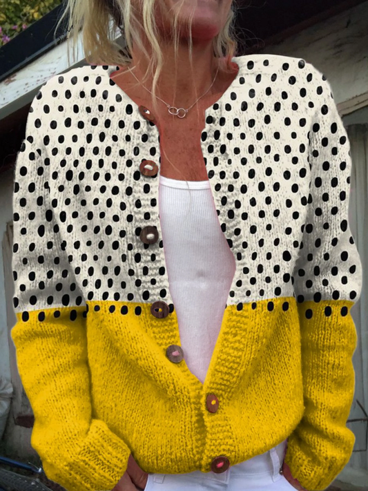 Abby | Yellow Geometric Polka Dots Print Buttoned Cardigan Sweater